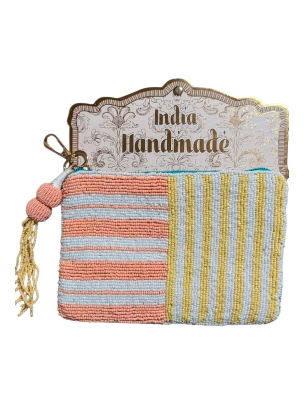 💛▪️Handmade In India ▪️ Beaded Striped Pouch - Peach, Light Blue & Yellow